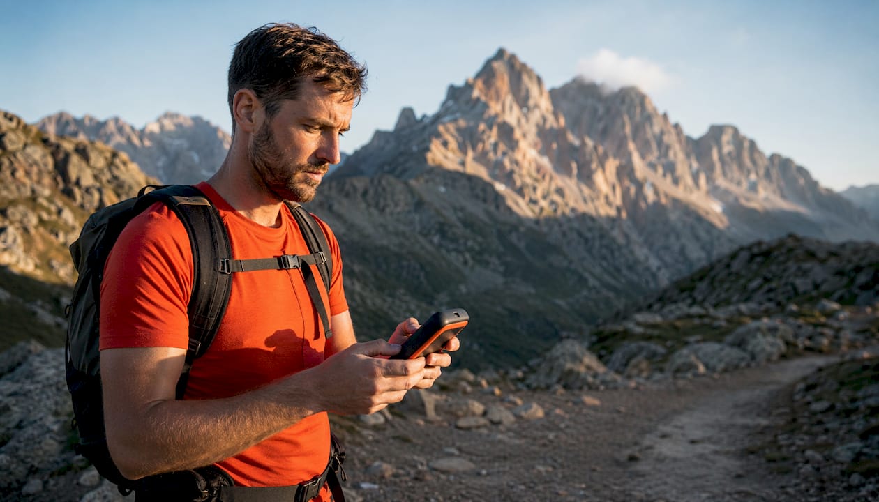 Nahaufnahme: Zwei Hände halten ein GPS-Gerät im Freien.
