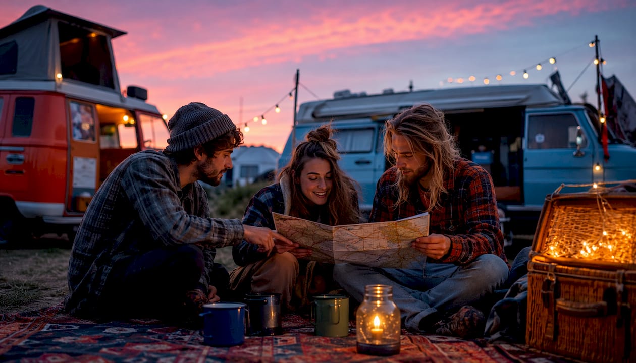 Vanlife-Freunde schmieden gemeinsam Reisepläne am Stellplatz.