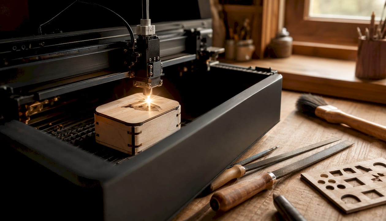 Im Workshop zeigt der Lasercutter, wie präzise er Holz gravieren kann.