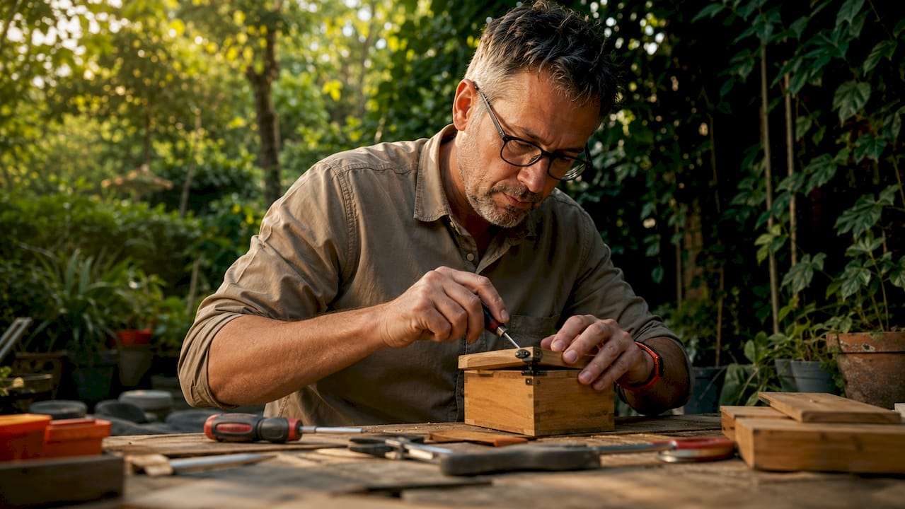 Im Bastelkeller entsteht ein selbstgebauter Geocache: Schritt für Schritt setzt ein Tüftler sein DIY-Projekt zusammen.