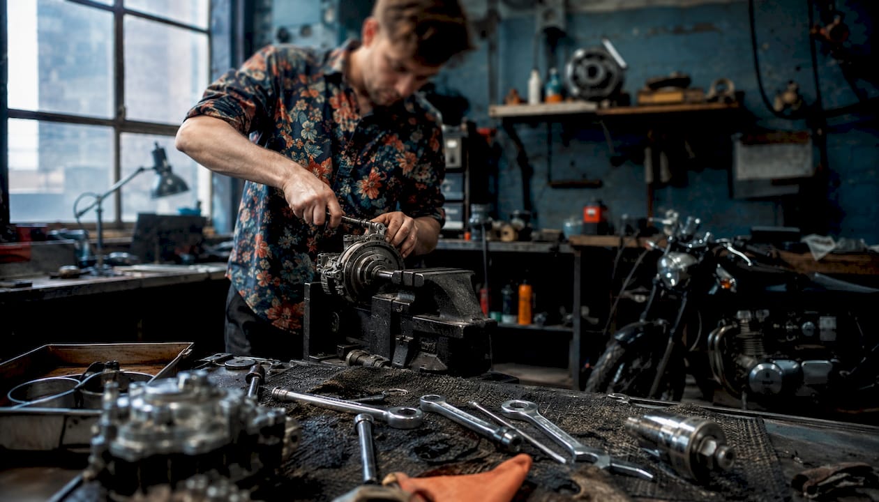 In der Werkstatt werden Motorradteile von erfahrenen Händen fachgerecht instandgesetzt.