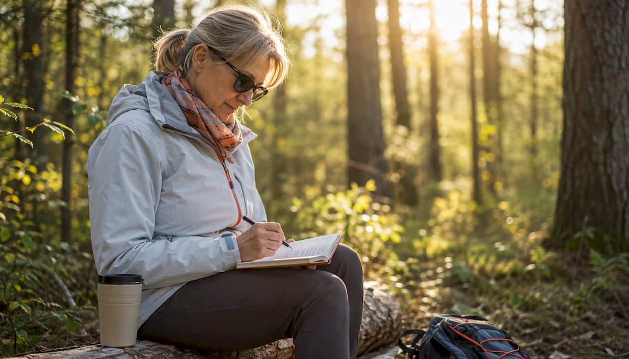 Eine Frau sitzt im Park und verteilt auf ihrem Tablet persönliche Favoritenpunkte.