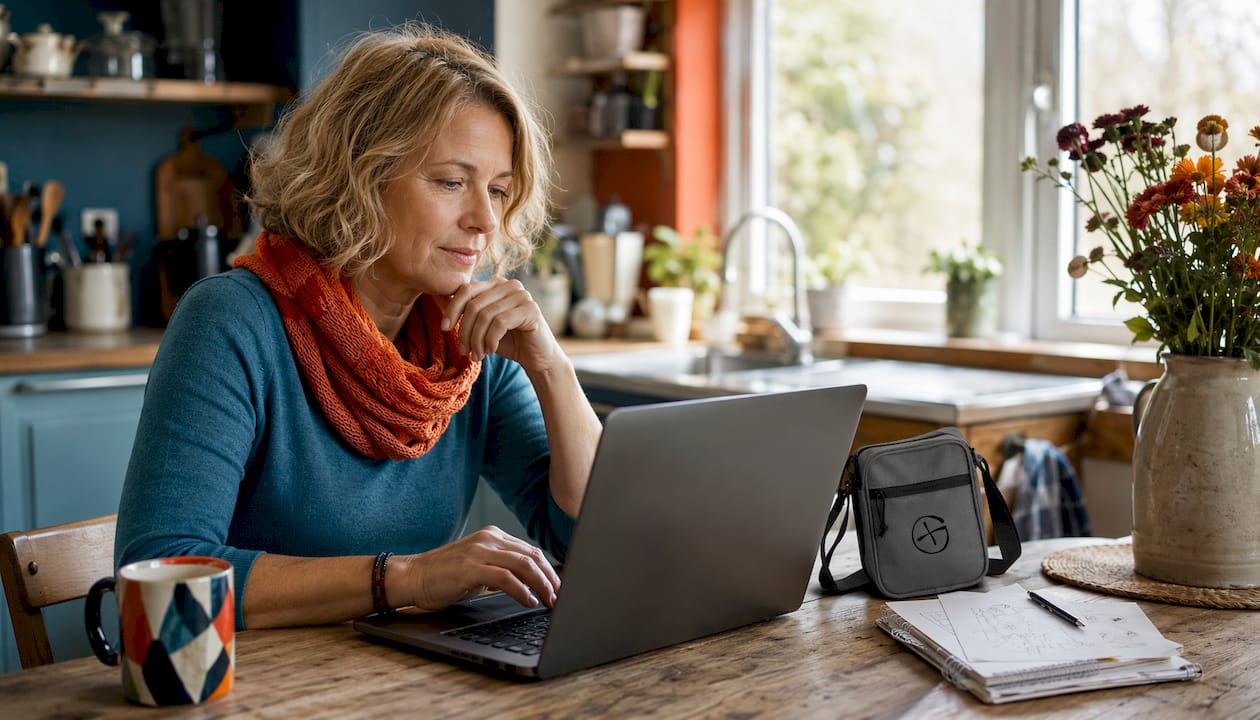 Eine Frau richtet am Laptop ihr Geocaching-Profil ganz individuell ein.