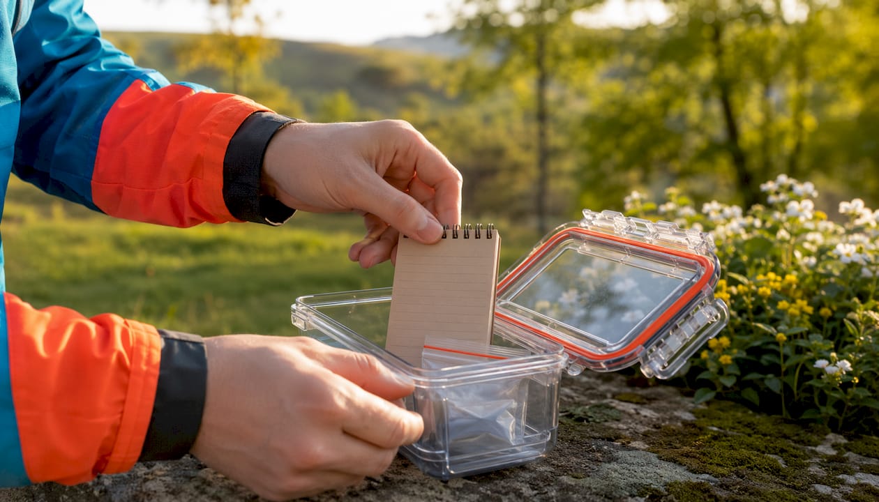 Ein Paar Hände verstaut das Logbuch sicher in einem wetterfesten Cache-Behälter.