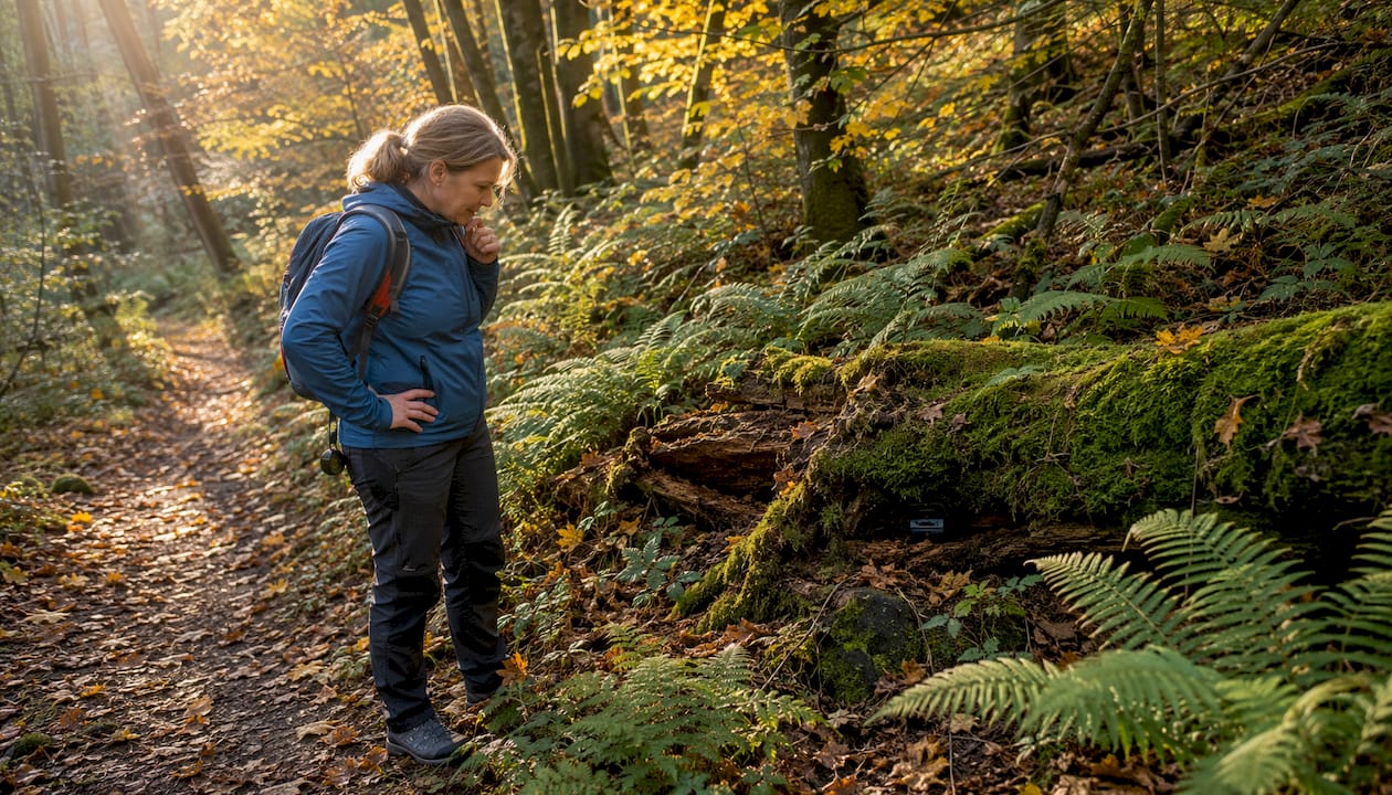 Eine Frau prüft im Wald, ob sich dieser Platz gut zum Verstecken eines Caches eignet.