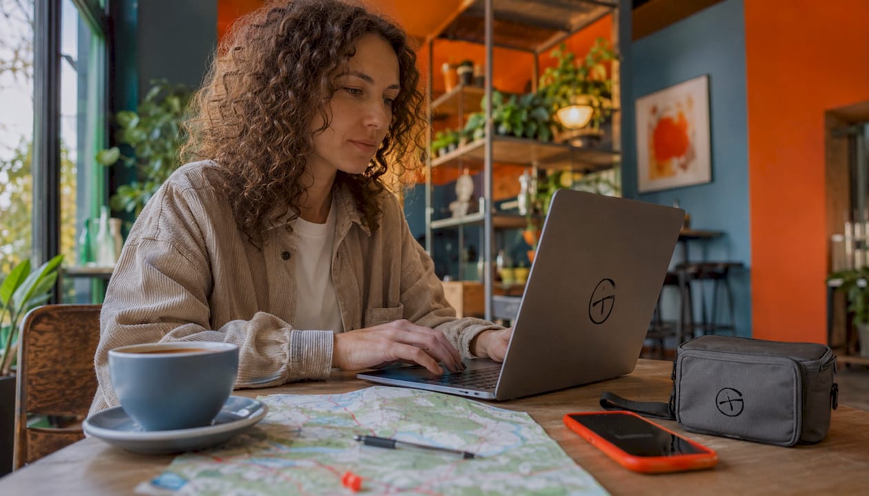 Eine Frau plant ihre nächste Geocaching-Tour am Laptop und stellt dabei eine Liste von Freunden zusammen, die sie begleiten könnten.