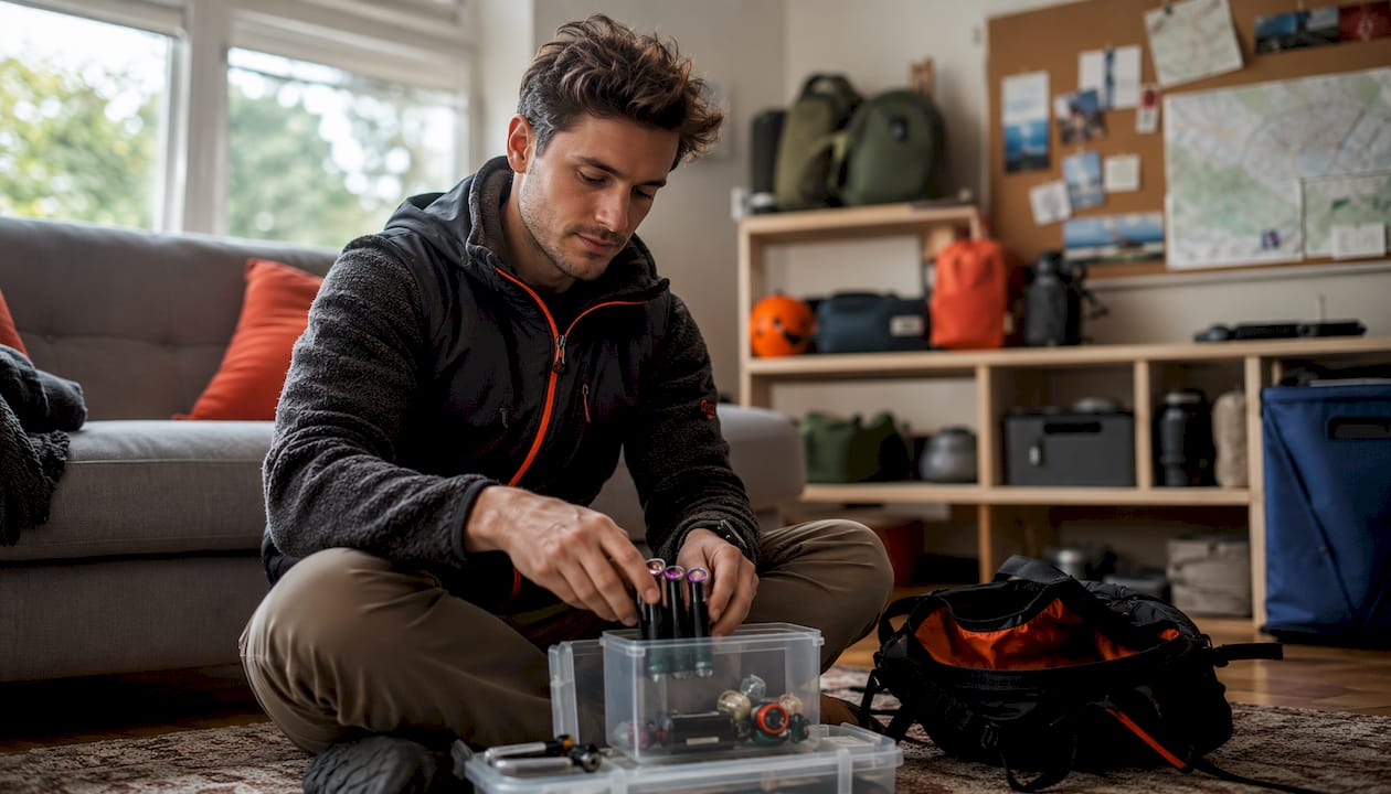 Ein Mann bereitet zu Hause kleine Tauschgegenstände für Geocaching-Touren vor.