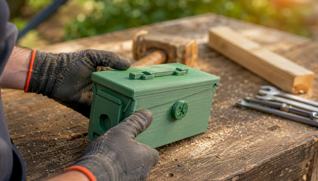 Jemand hält eine PETG-Box mit verschiedenen Montagewerkzeugen in den Händen.