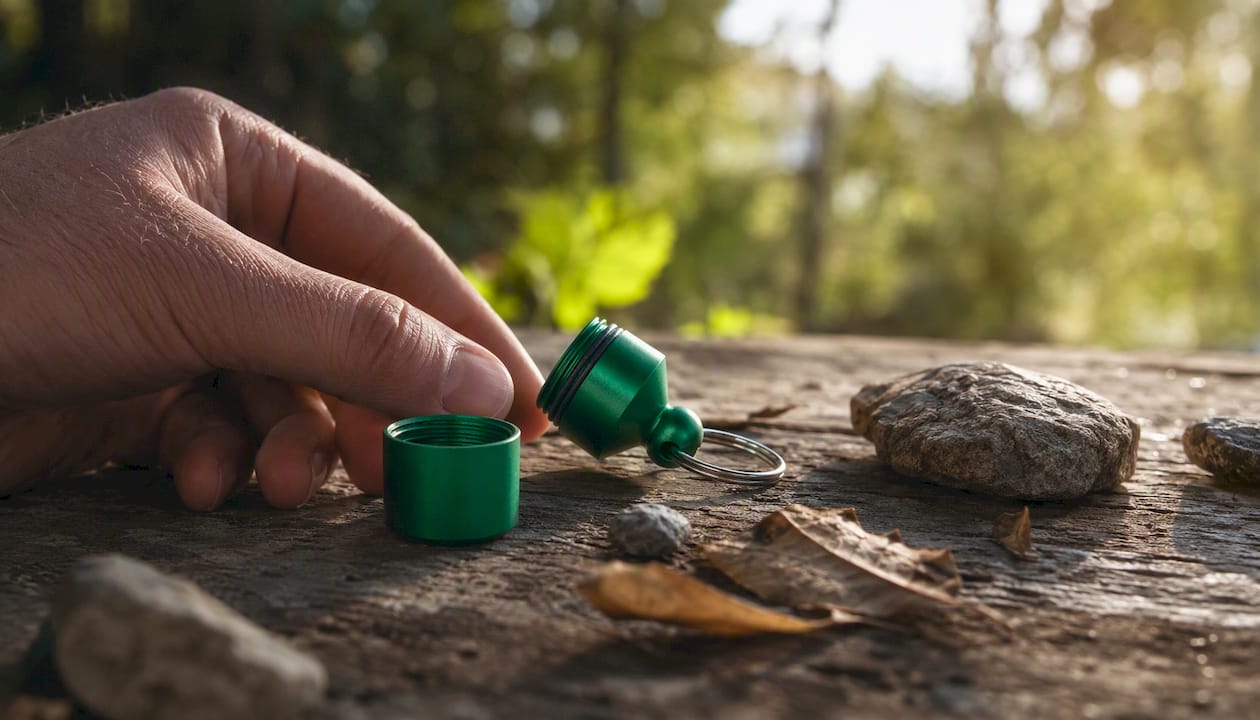 Detailaufnahme eines Nano-Geocache-Behälters mit Dichtung und frisch aufgetragenem Silikonfett