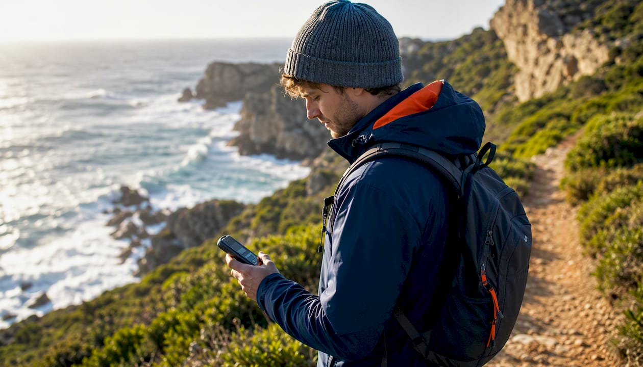 Mit Hilfe eines GPS-Geräts bestimmt eine Person ihre genaue Position im Wald.