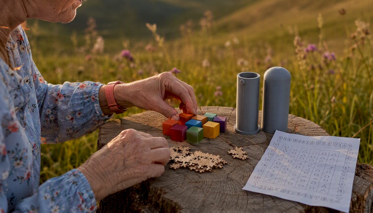 Mit geschickten Händen werden kleine Puzzleteile auf dem Tisch zusammengesetzt.