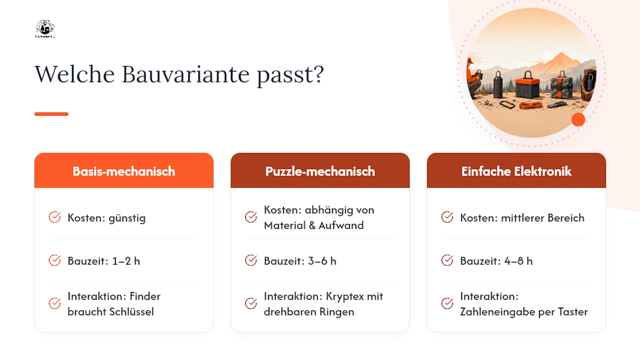 Vergleichsübersicht: Drei verschiedene DIY-Cache-Schloss-Varianten im Direktvergleich