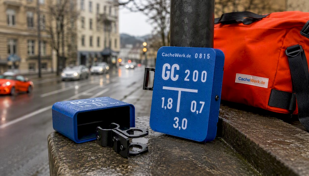 Geocaching Versteck „Fake Wasserschild“ – Urbanes Tarnversteck mit Pfostenhalter | Unsichtbar im Stadtbild | CacheWerk