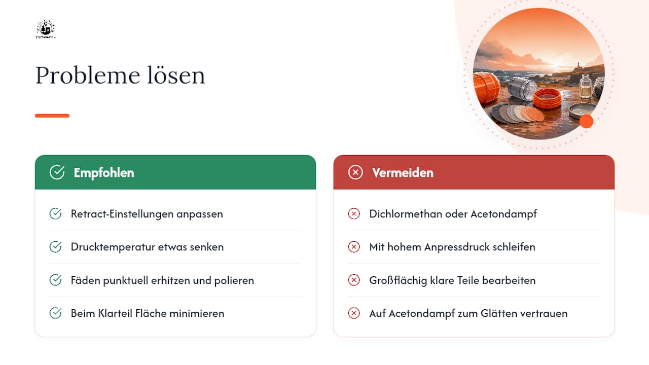 Probleme lösen: Stringing, Verschmieren, Verformung, klares PETG — overview diagram
