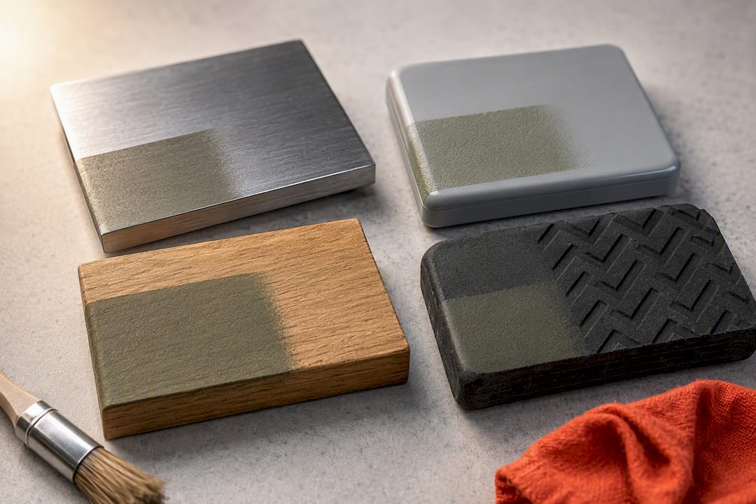 Beschichtete Materialproben aus Holz, Metall, Kunststoff und Gummi