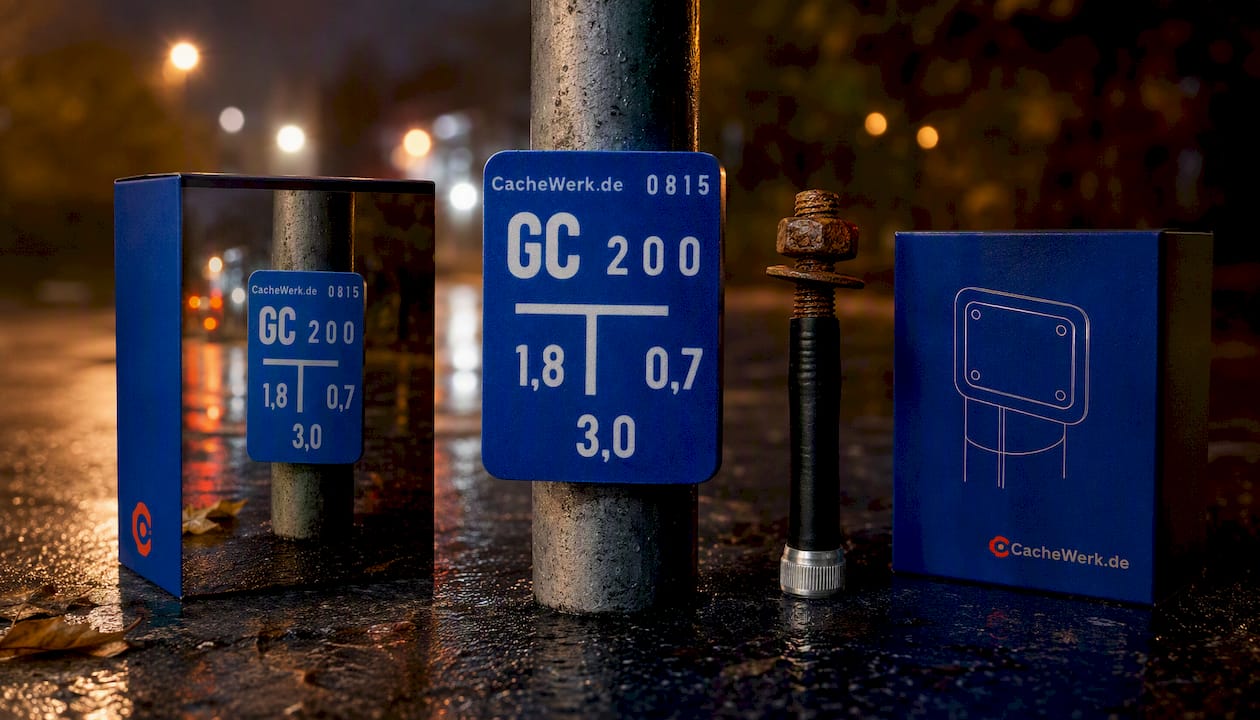 Anpassbares Geocaching Versteck „Fake Wasserschild“ – dein individuelles Tarnversteck mit Pfostenhalter | Unsichtbar im Stadtbild | CacheWerk