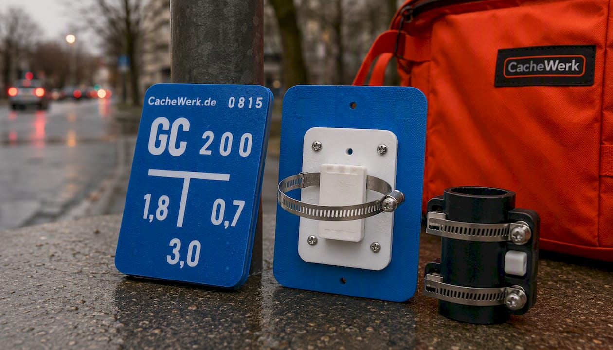 Geocaching Versteck „Fake Wasserschild“ – Urbanes Tarnversteck mit Pfostenhalter | Unsichtbar im Stadtbild | CacheWerk