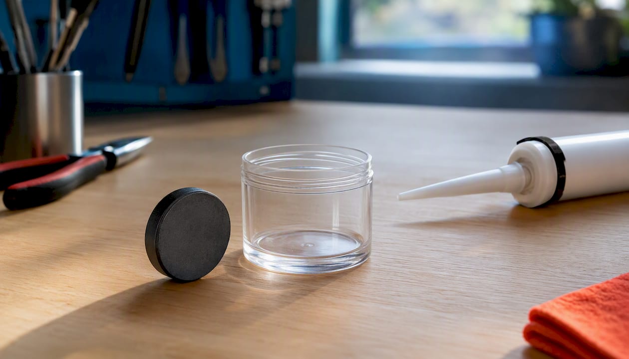 Gummierter Magnet neben einem PETG-Behälter