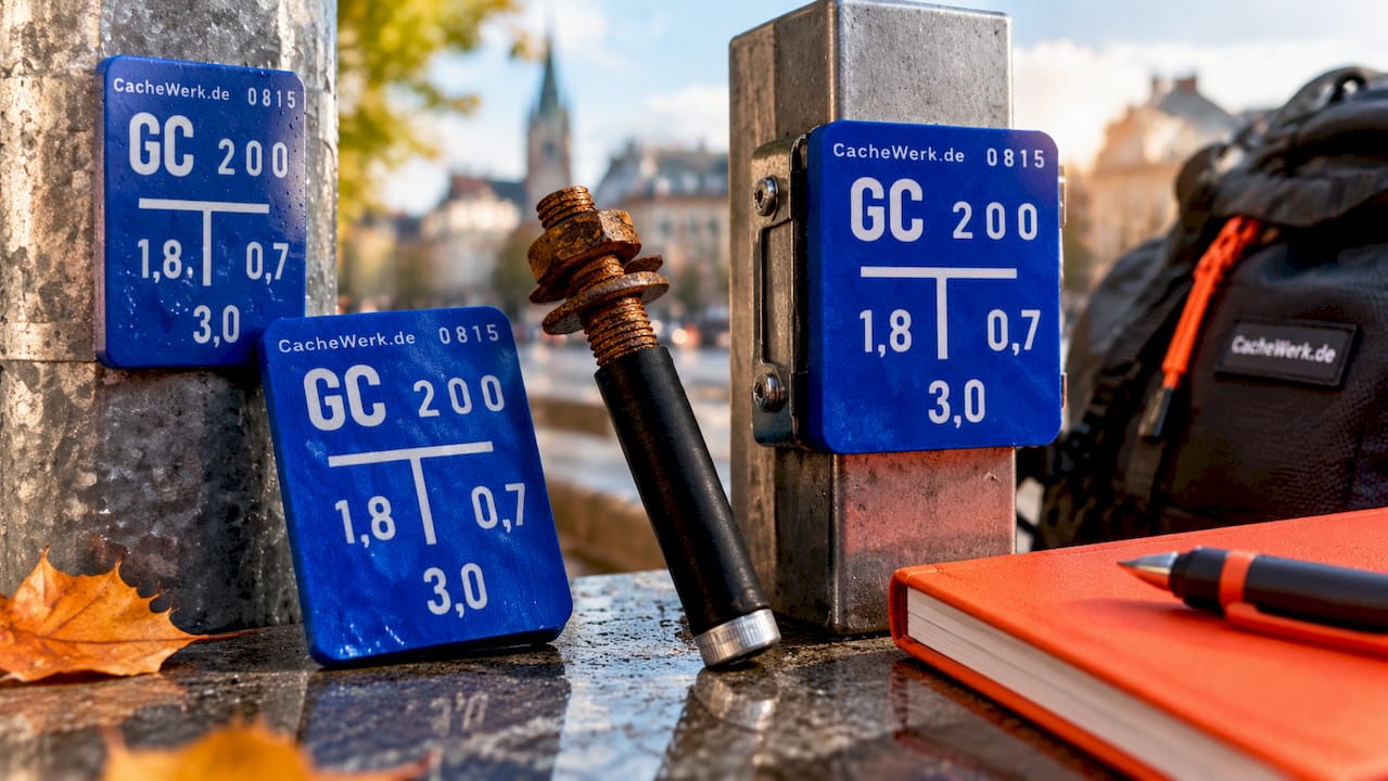 Anpassbares Geocaching Versteck „Fake Wasserschild“ – dein individuelles Tarnversteck mit Pfostenhalter | Unsichtbar im Stadtbild | CacheWerk