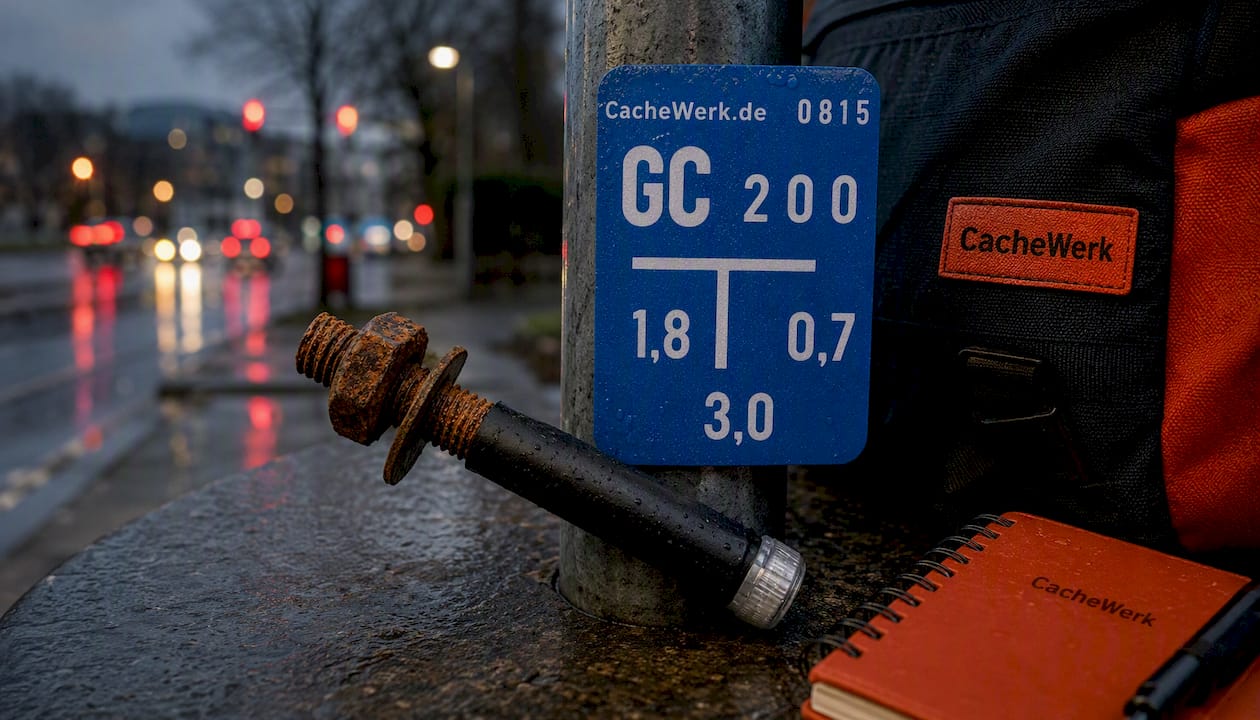 Geocaching Versteck „Fake Wasserschild“ – Urbanes Tarnversteck mit Pfostenhalter | Unsichtbar im Stadtbild | CacheWerk