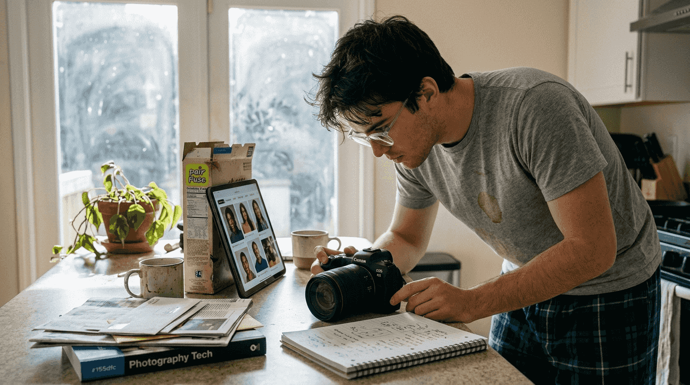 Man reviews camera settings for portraits