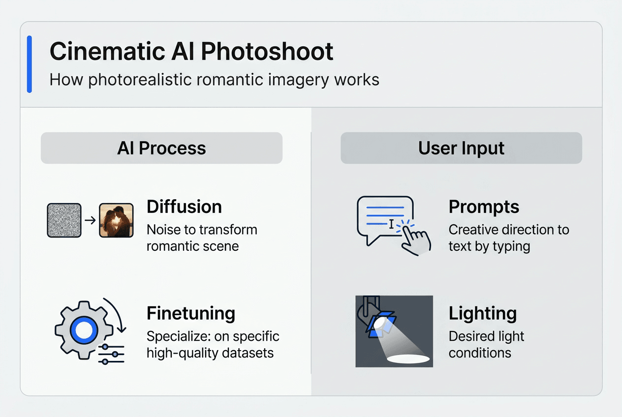 Infographic showing cinematic AI photoshoot process