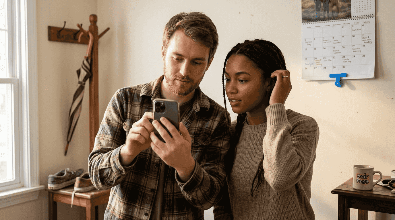Couple adjusting before taking a portrait photo