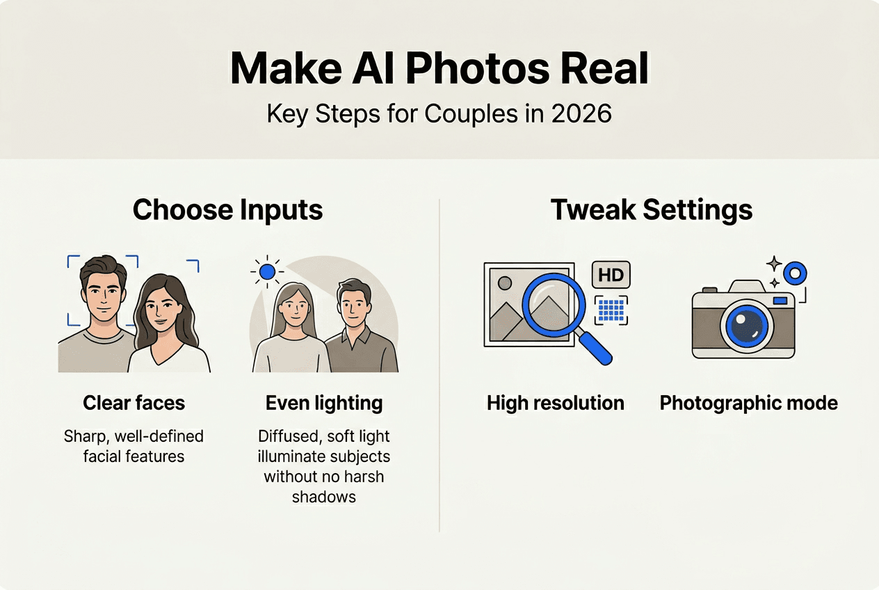Infographic outlining steps for realistic AI couple photos