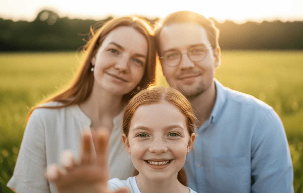 Family reviewing AI photo at home