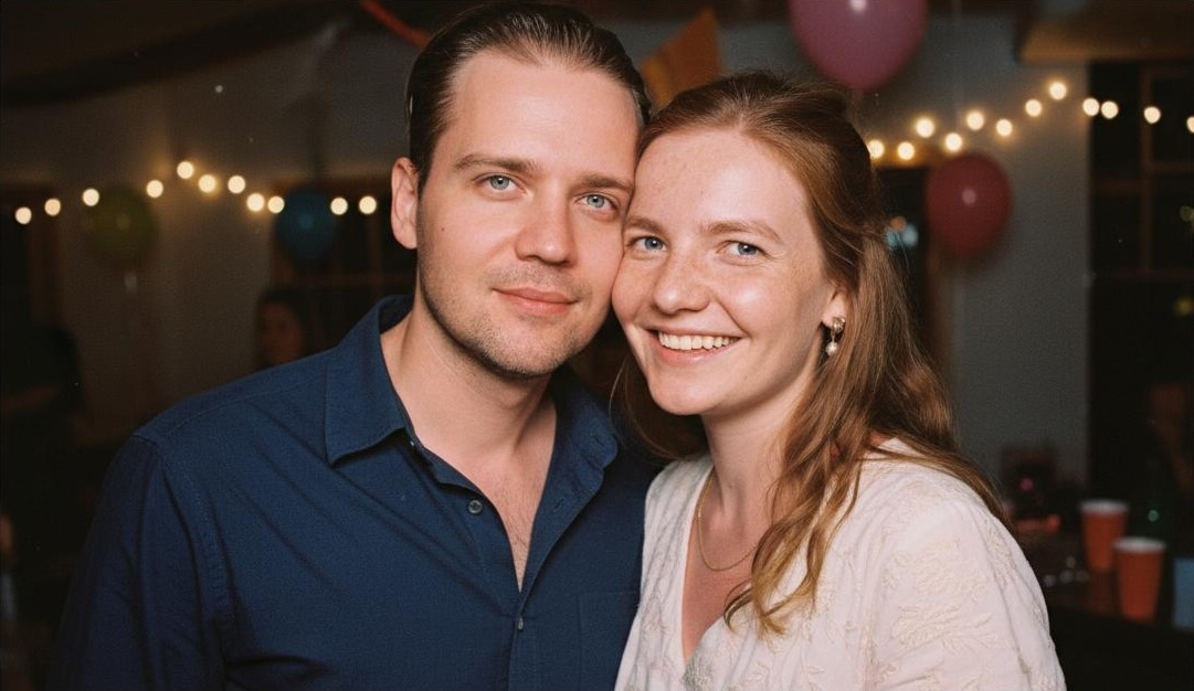 Couple reviewing photos on sofa with laptop