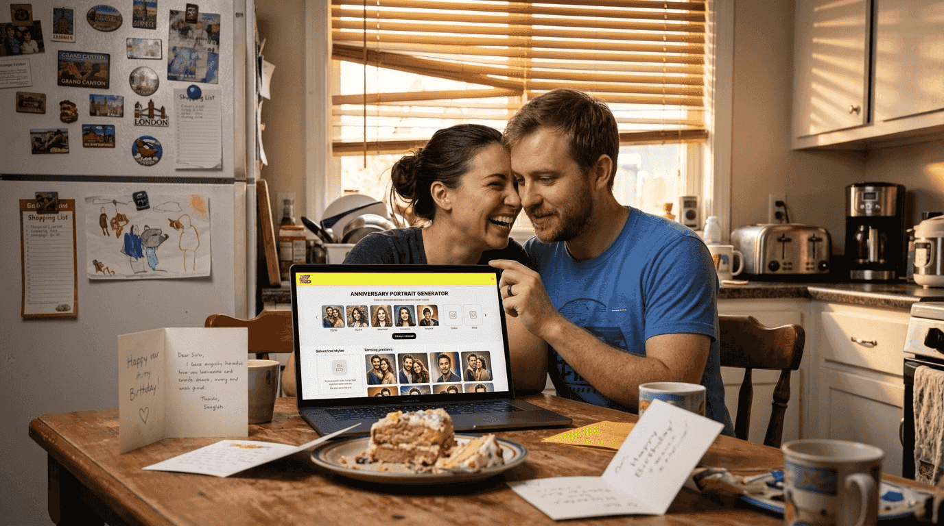 Couple making AI anniversary portraits at home