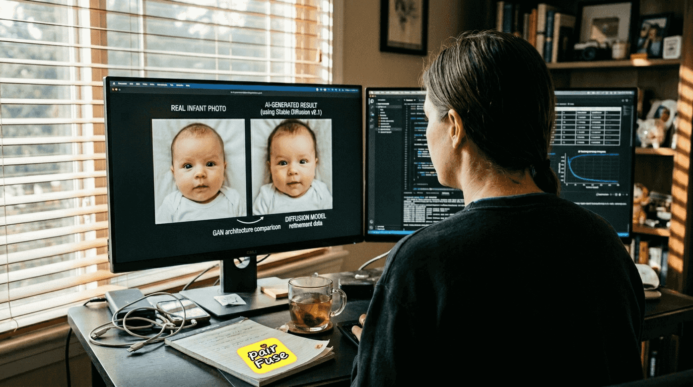 AI-generated baby photo process on screens