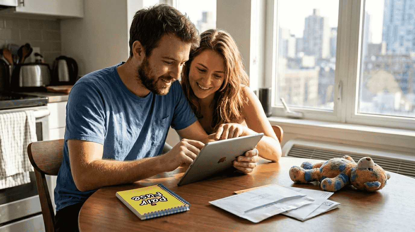 Couple using AI baby photo app