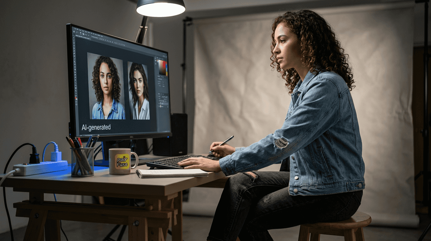 Studio portrait with AI editing on monitor