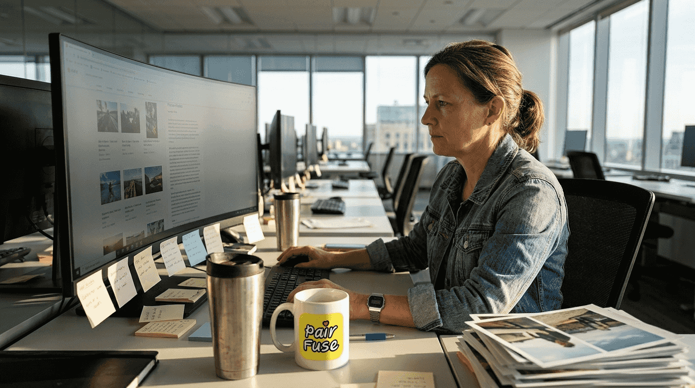 Engineer reviews AI-generated photos at cluttered desk