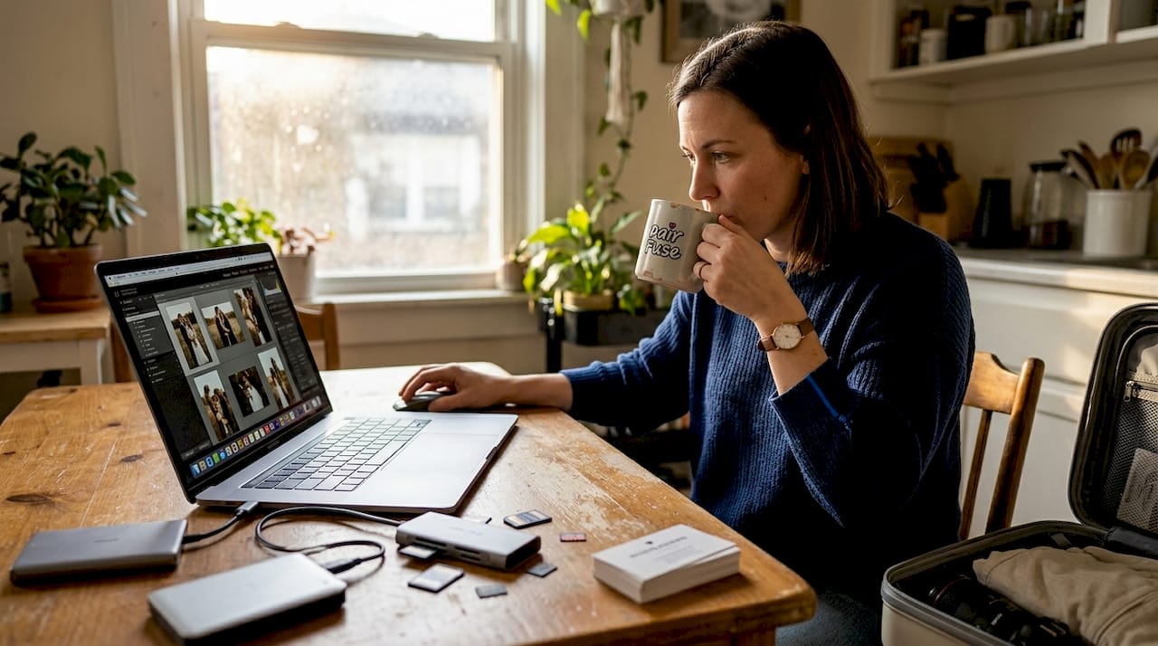 Photographer editing wedding photos at kitchen table