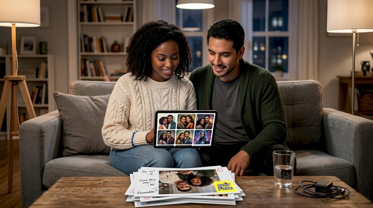 Couple examining AI-generated portraits on tablet