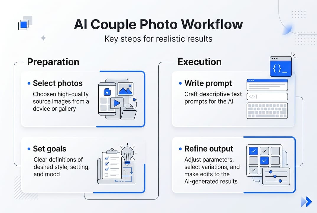 Infographic of AI couple photo workflow steps