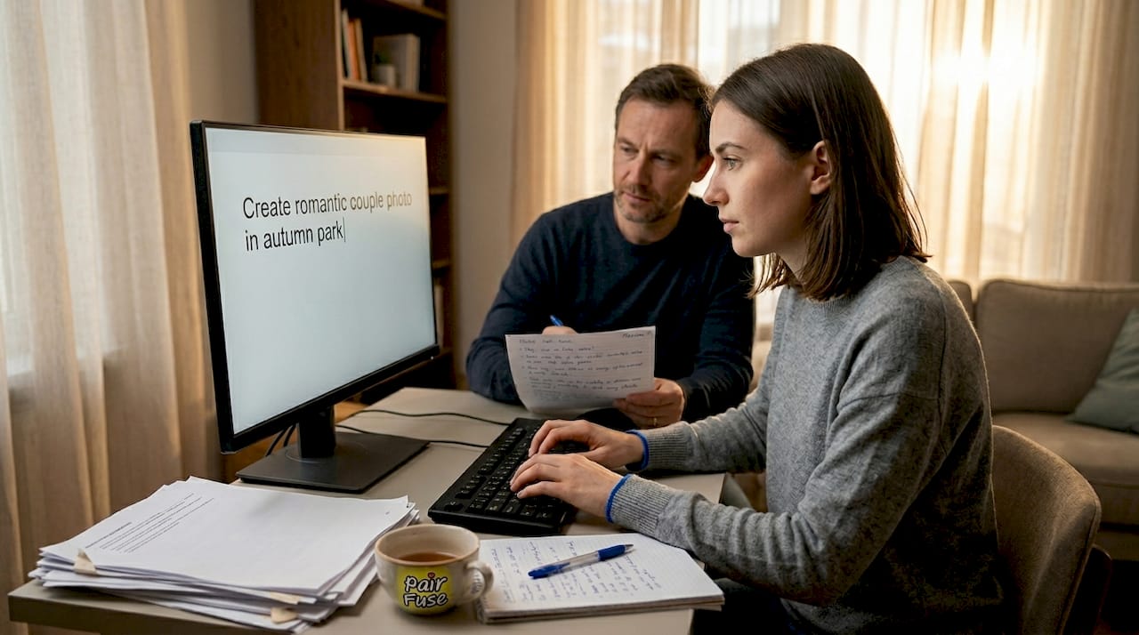 Couple writing AI photo generation prompt