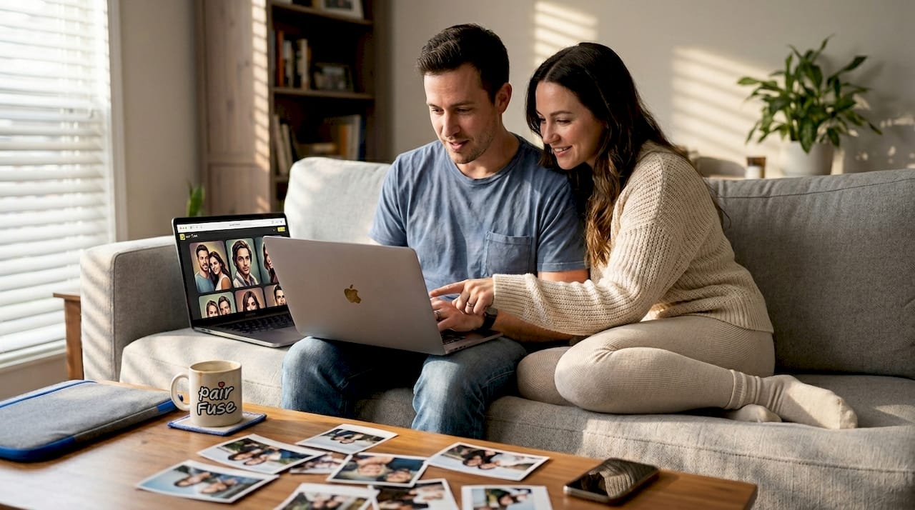 Couple reviewing AI-generated art at home