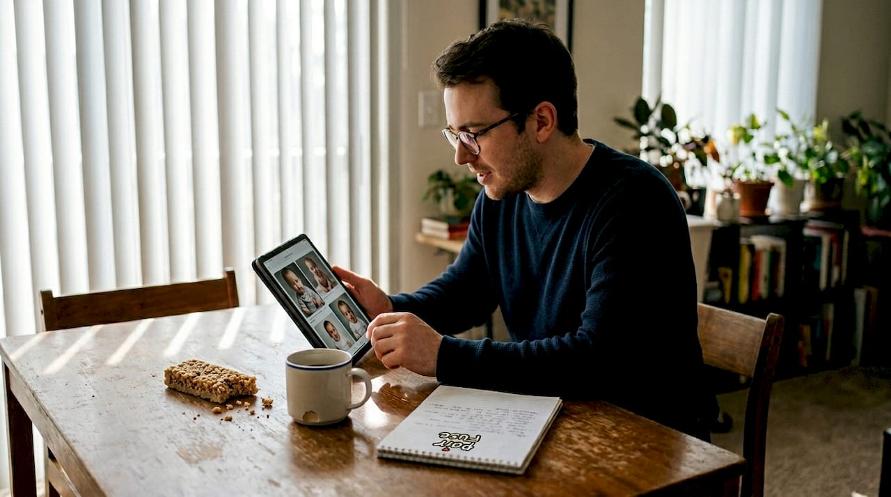 Man reviewing AI baby photos on tablet