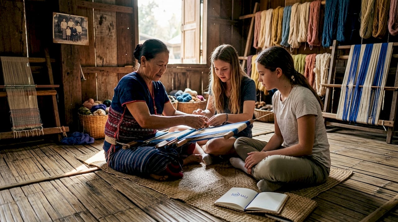 Travelers learning weaving from village artisan