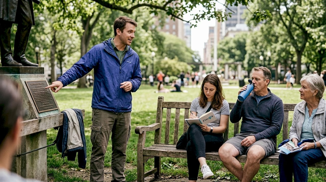 Guide sharing local story in park setting