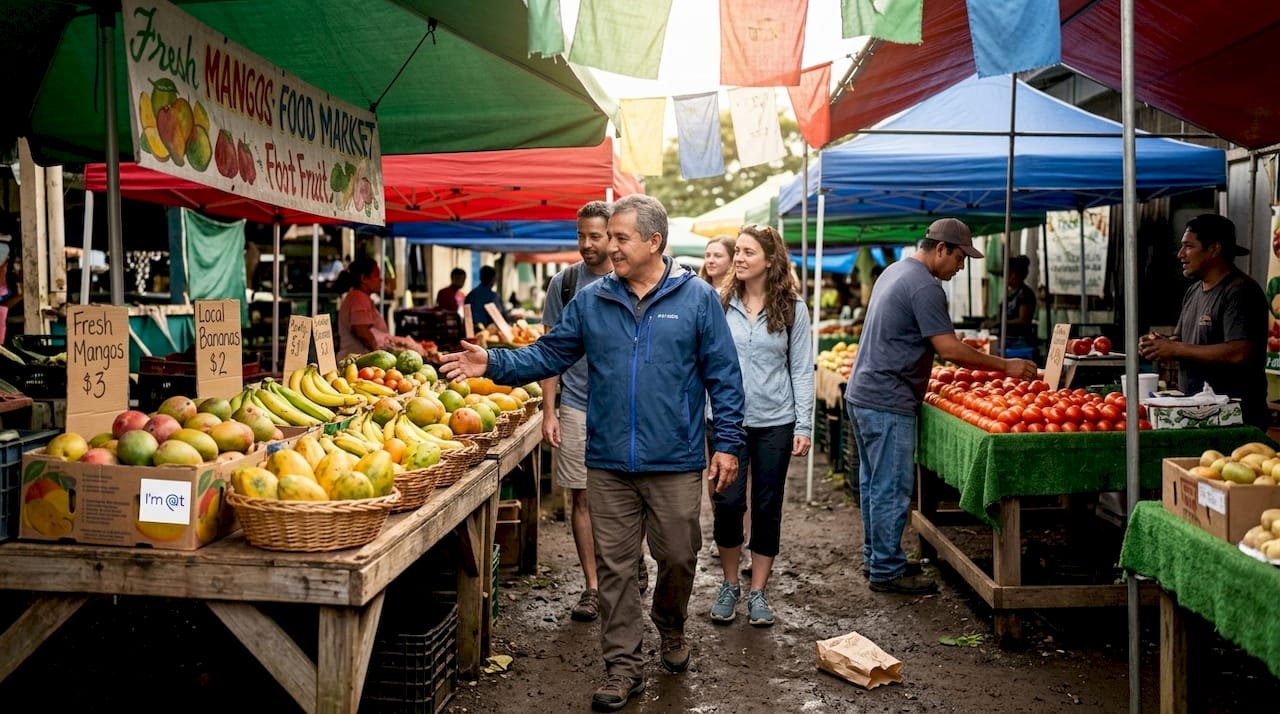 Local guide showing tourists outdoor market