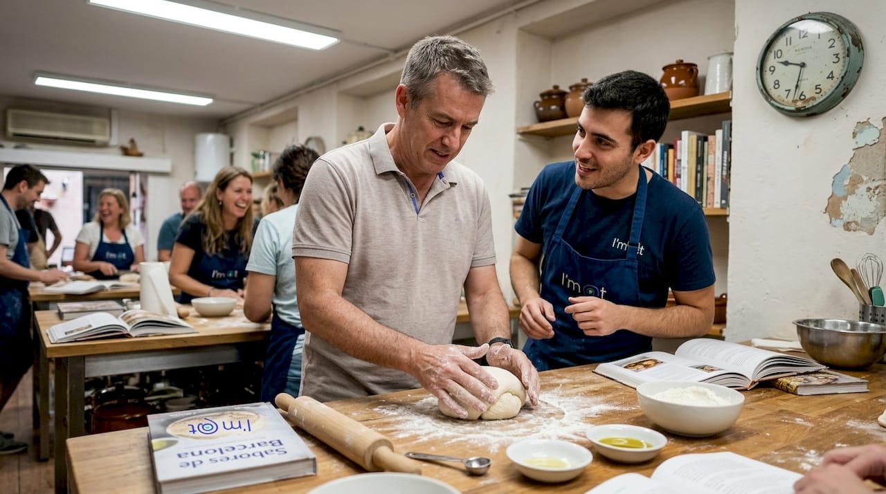 Tourist learning to cook in group kitchen