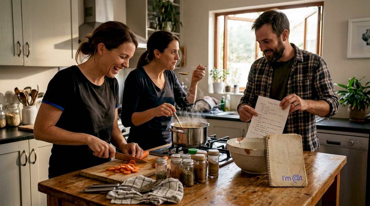 Small group cooking in lively kitchen
