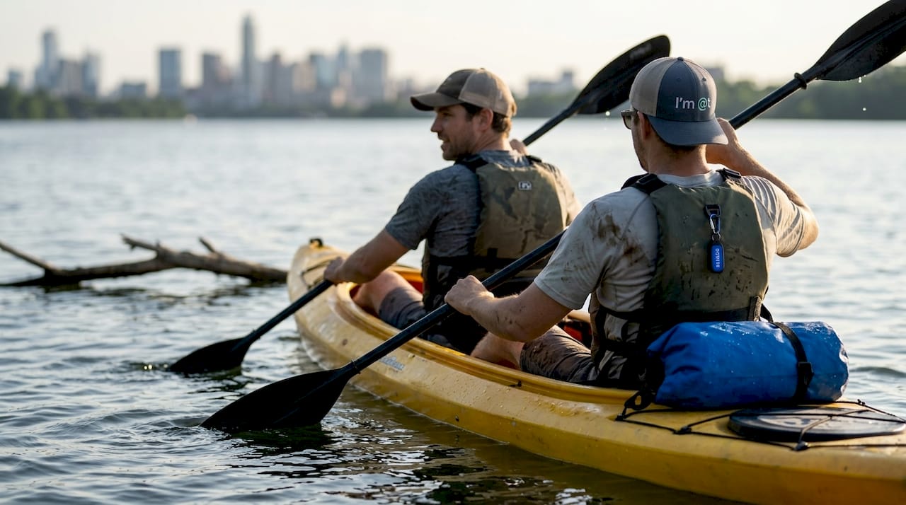 Friends kayaking together on urban lake