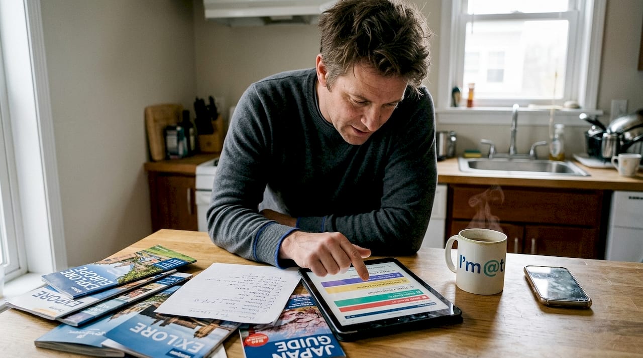 Man editing itinerary on tablet at kitchen island
