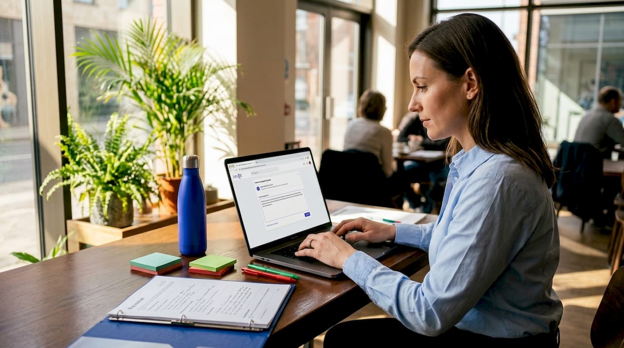 Representative responding to travel review at shared desk