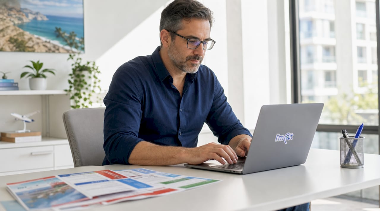 Travel agent booking flight flights at desk